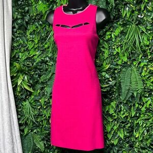 Elie Tahari Dress Pink 4 Textured Sleeveless Sheath Cutout Fringe Neckline 3386